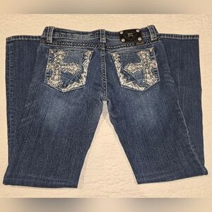 Miss Me Dark Blue Boot Cut Jeans with Embroidered Pockets